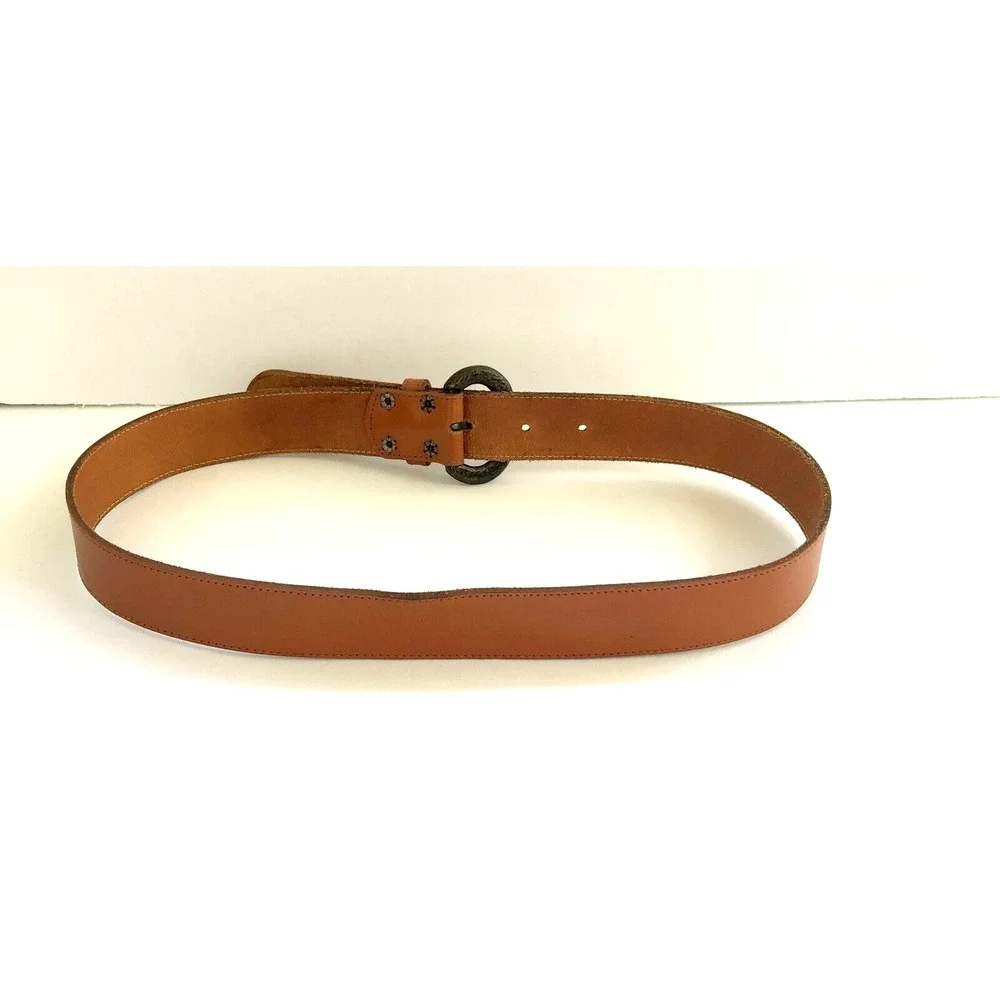 Vintage Robbie Nelson Tan‎ Leather Belt Bronze Buckle Designer Size Medium